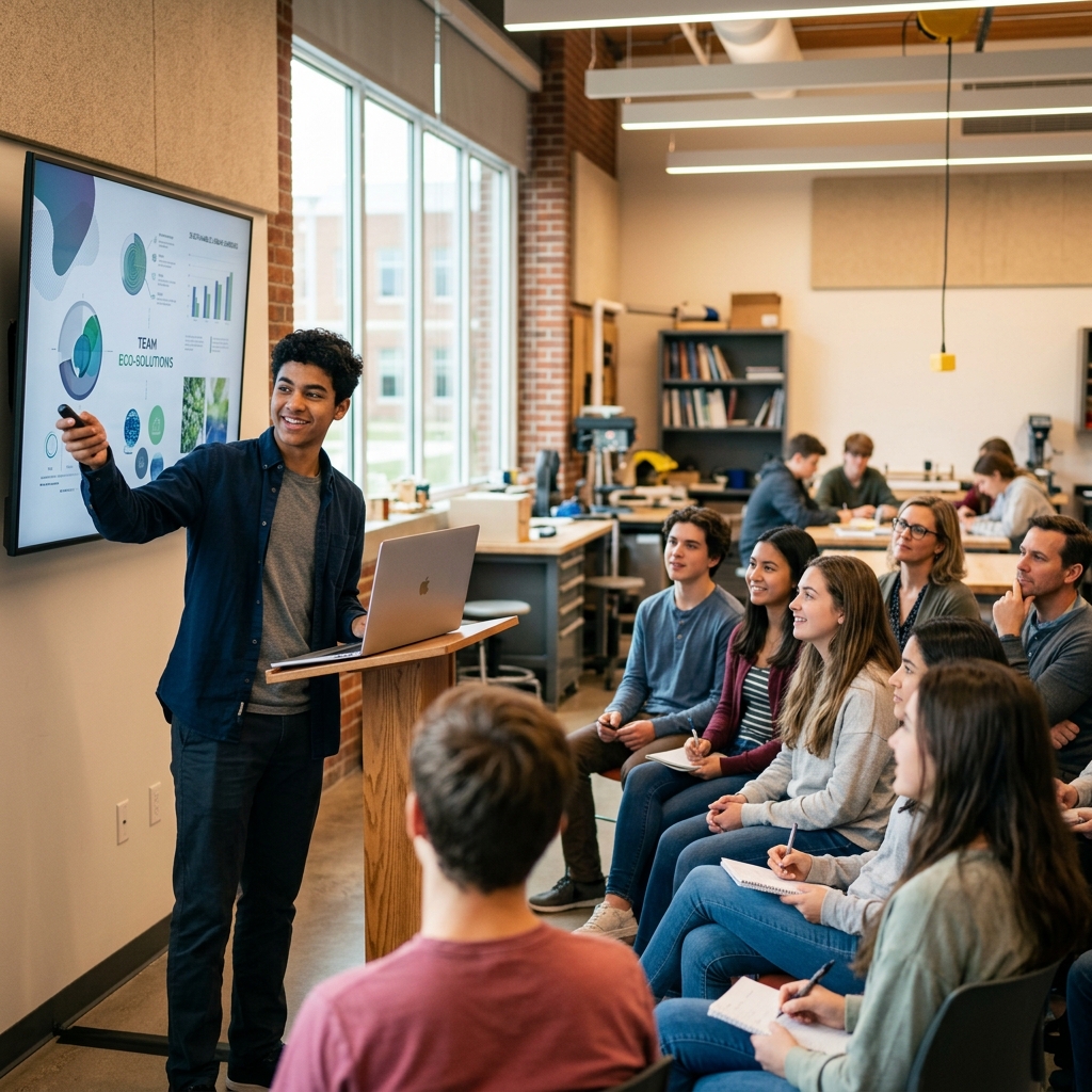 Student presenting startup project